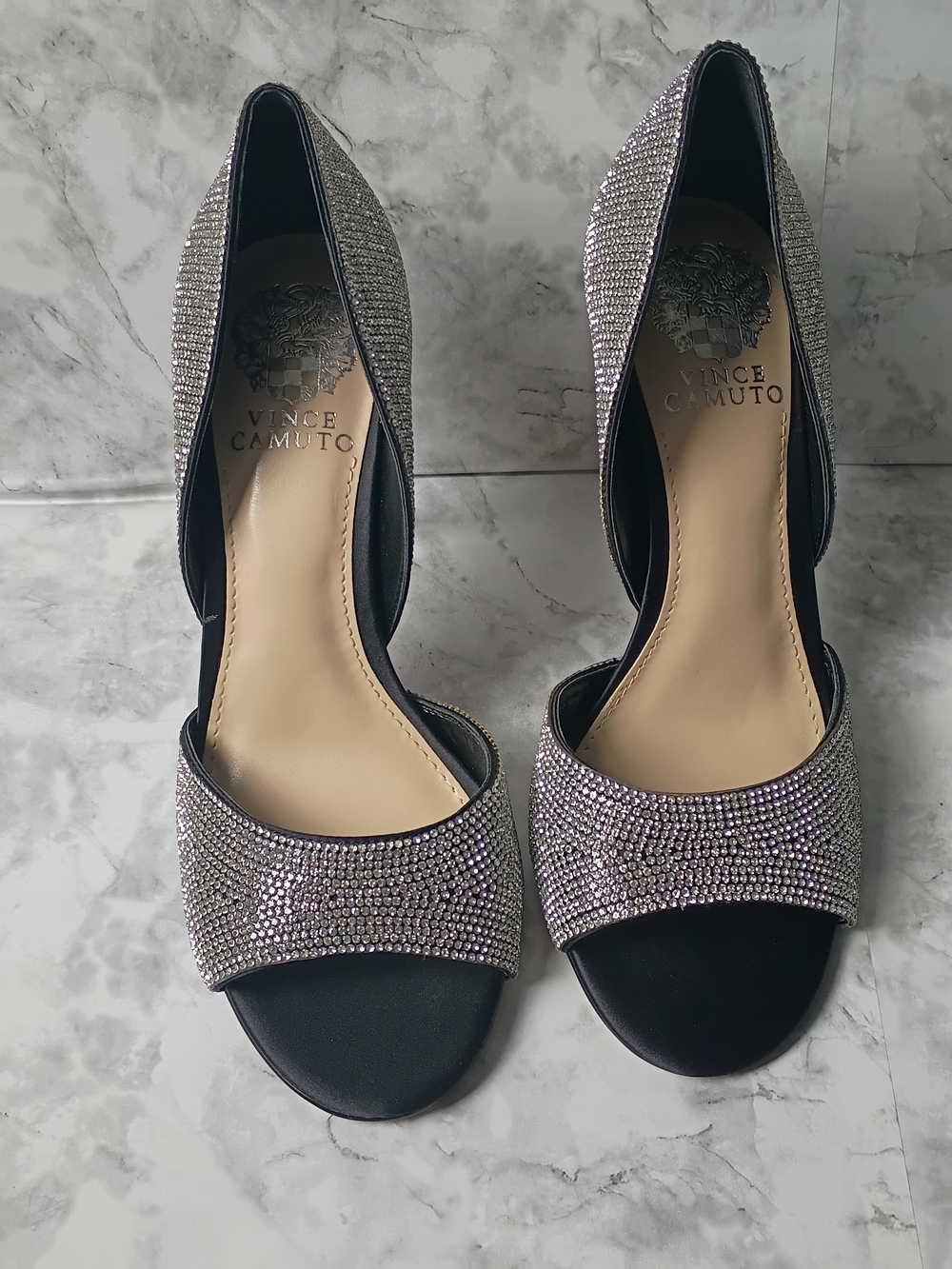 Vince Camuto Aliandry 2 Black Satin High Heels with Sparkling Crystal Straps